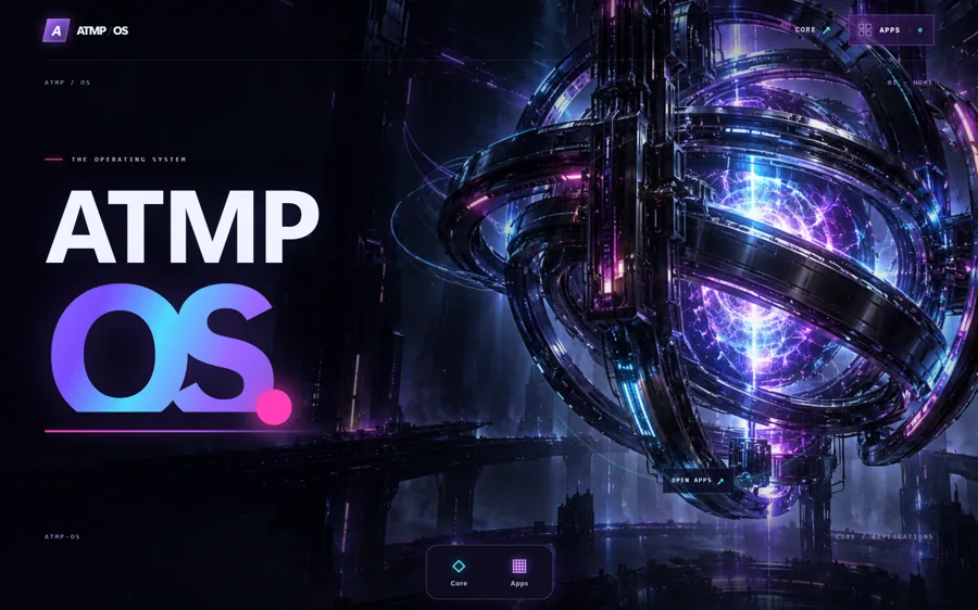 ATMP OS gateway with violet energy-core artwork and navigation to Core and Apps