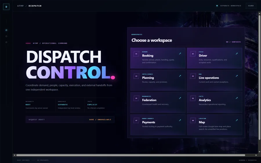 ATMP Dispatch workspace selector with Booking, Driver, Planning, Live operations, Federation, Analytics, Payments, and Map