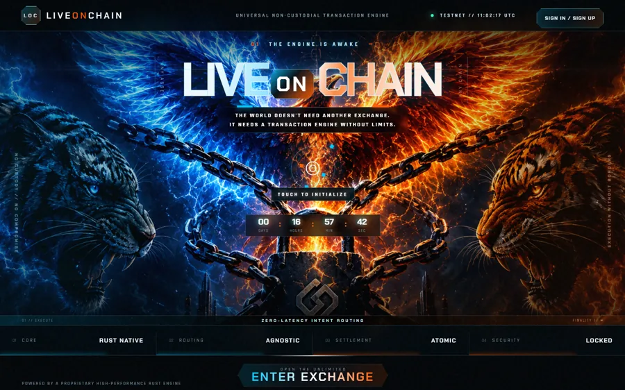 LiveOnChain testnet homepage with blue and orange tigers, transaction engine branding, and an Enter Exchange link