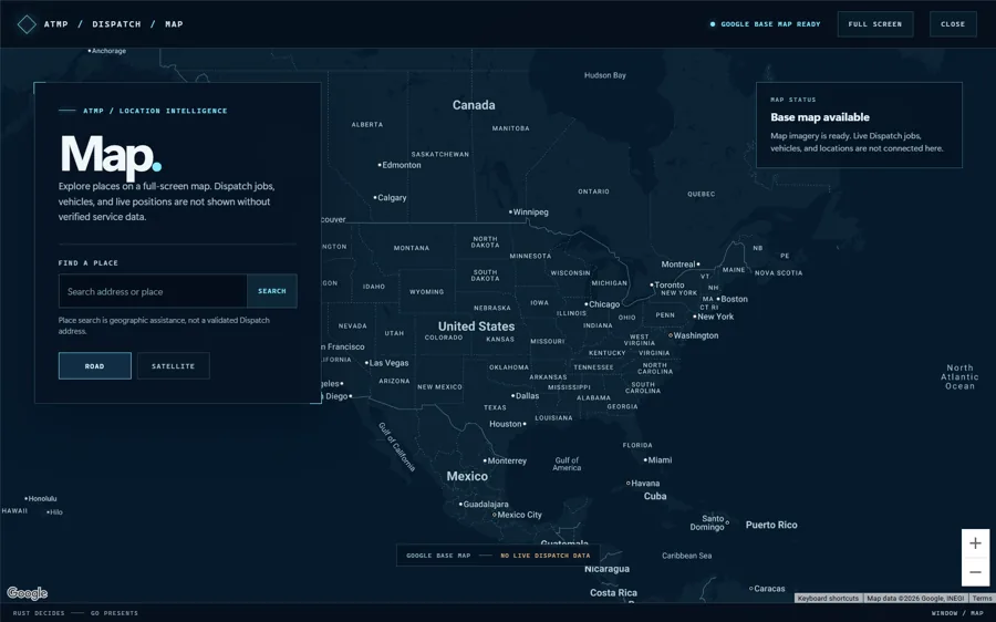 ATMP map workspace with place search, road and satellite controls, and an explicit notice that live dispatch data is not connected