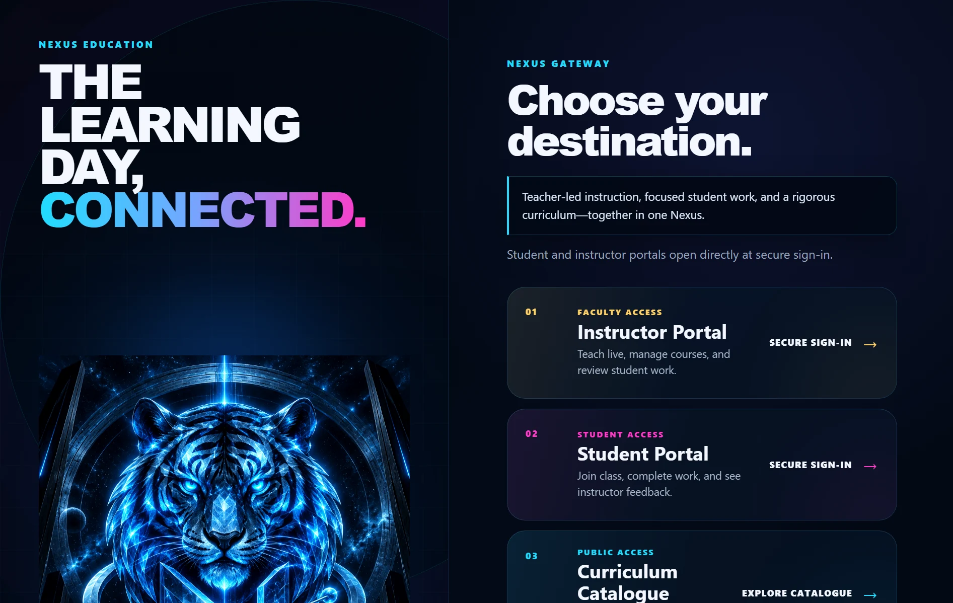 Nexus Education gateway connecting instructor and student portals with the curriculum catalogue