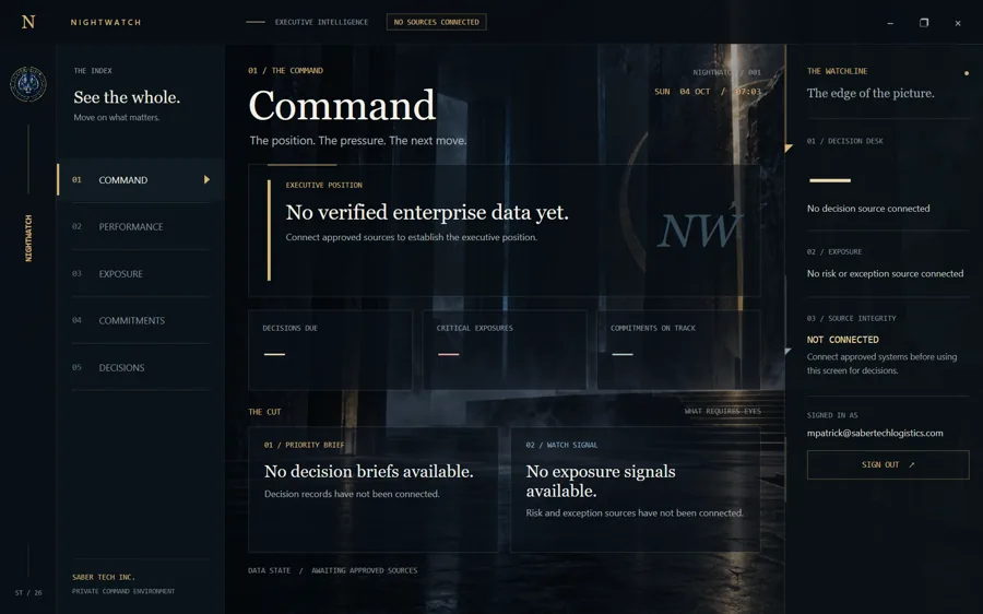 Nightwatch executive command interface showing decision, exposure, and source connection panels